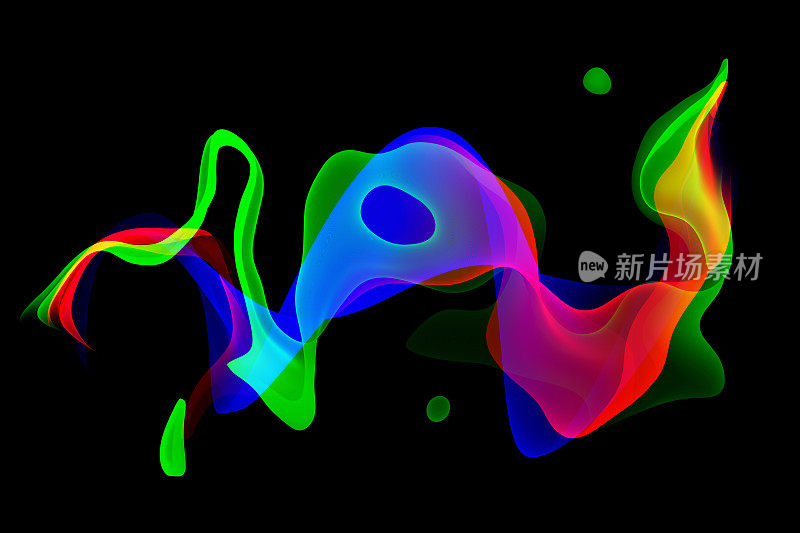 Glitch Prism霓虹灯Rainbow Wave Swirl螺旋超现实主义有趣图案黑色背景扩散流动曲线零重力闪亮彩色丝带丝绸扭曲纹理复制空间复古风格